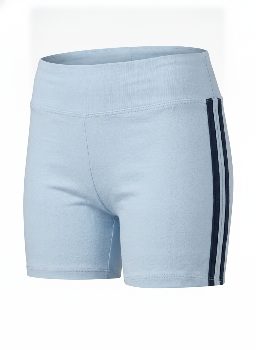 Ghost mannequin image of contrast side stripes elastic waist shorts featuring a pull-on fit in baby blue on a white background.