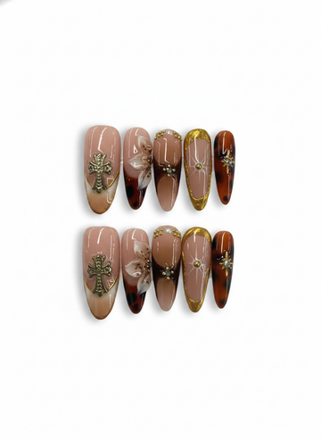 CROSS & JEWEL 3D ELEMENT MULTI DESIGN ALMOND NAILS