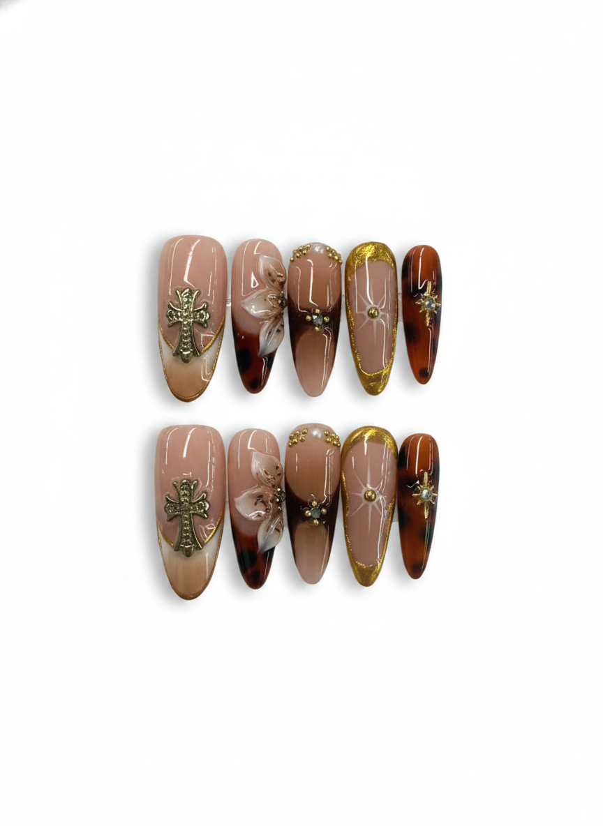 CROSS & JEWEL 3D ELEMENT MULTI DESIGN ALMOND NAILS