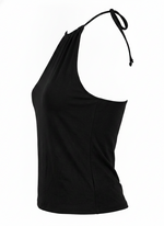 Ghost mannequin image of a black halter high neck sleeveless bodycon top on a white background. 