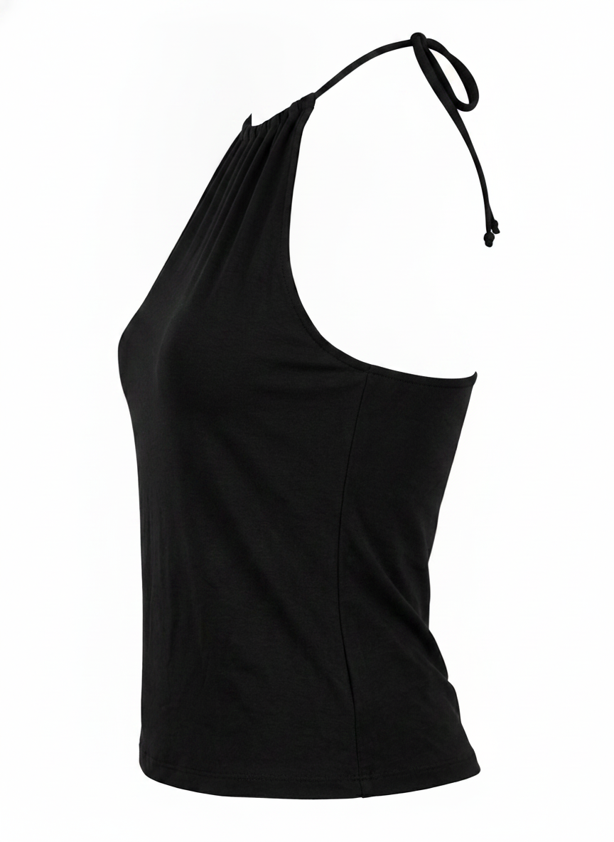 Ghost mannequin image of a black halter high neck sleeveless bodycon top on a white background. 