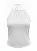 Ghost mannequin image of a white halter high neck sleeveless bodycon top on a white background. 