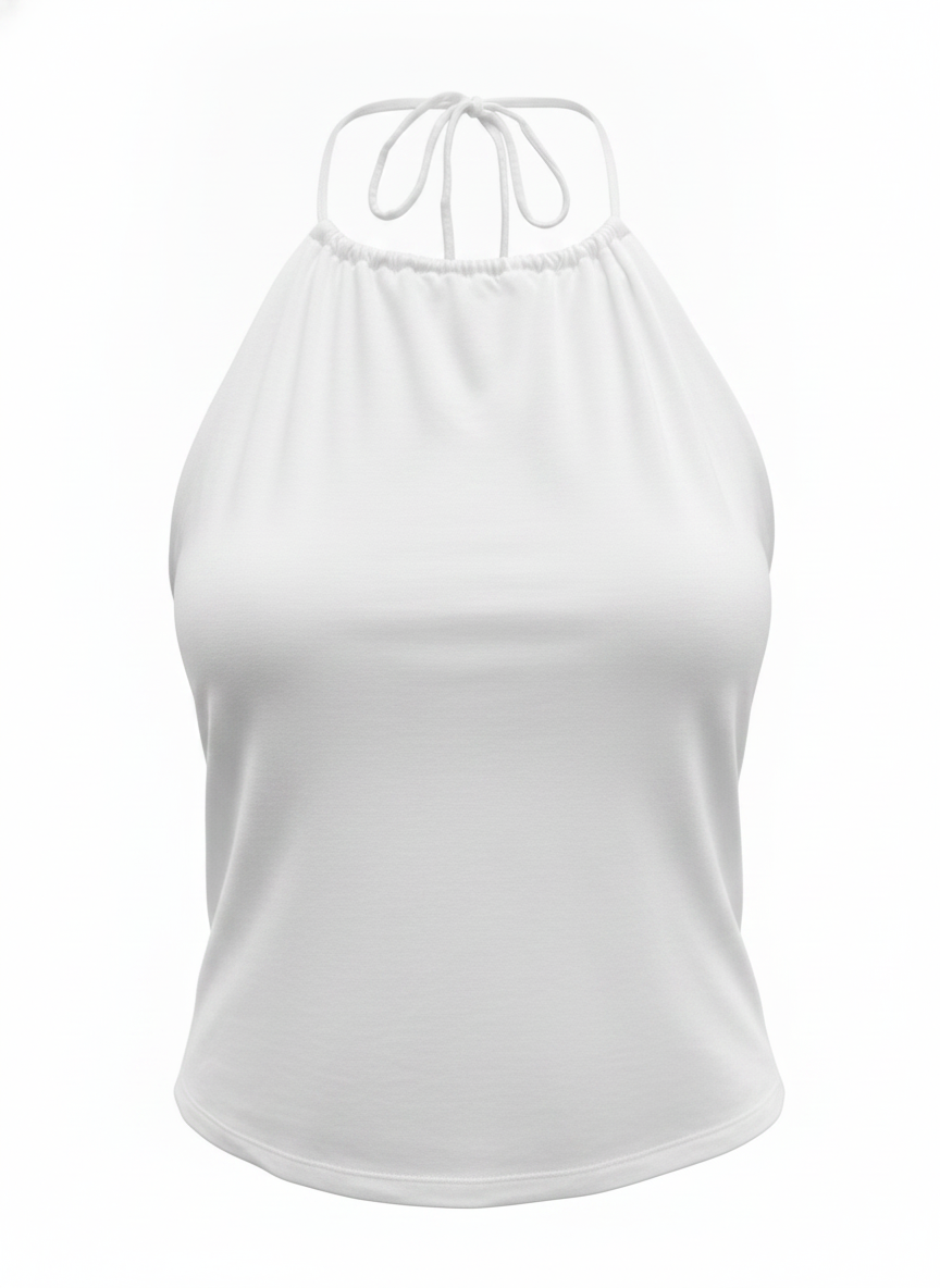 Ghost mannequin image of a white halter high neck sleeveless bodycon top on a white background. 
