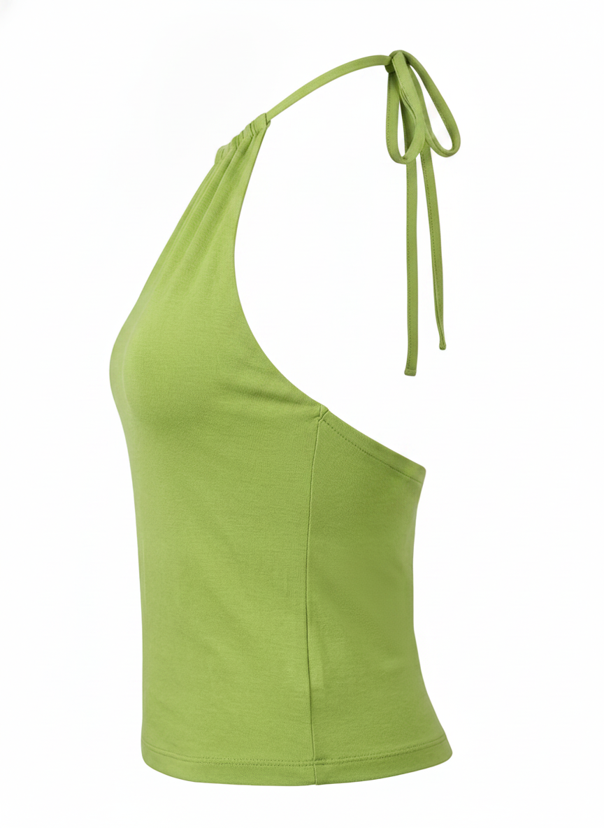 Ghost mannequin image of a green halter high neck sleeveless bodycon top on a white background. 