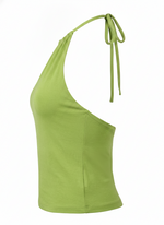 Ghost mannequin image of a green halter high neck sleeveless bodycon top on a white background. 
