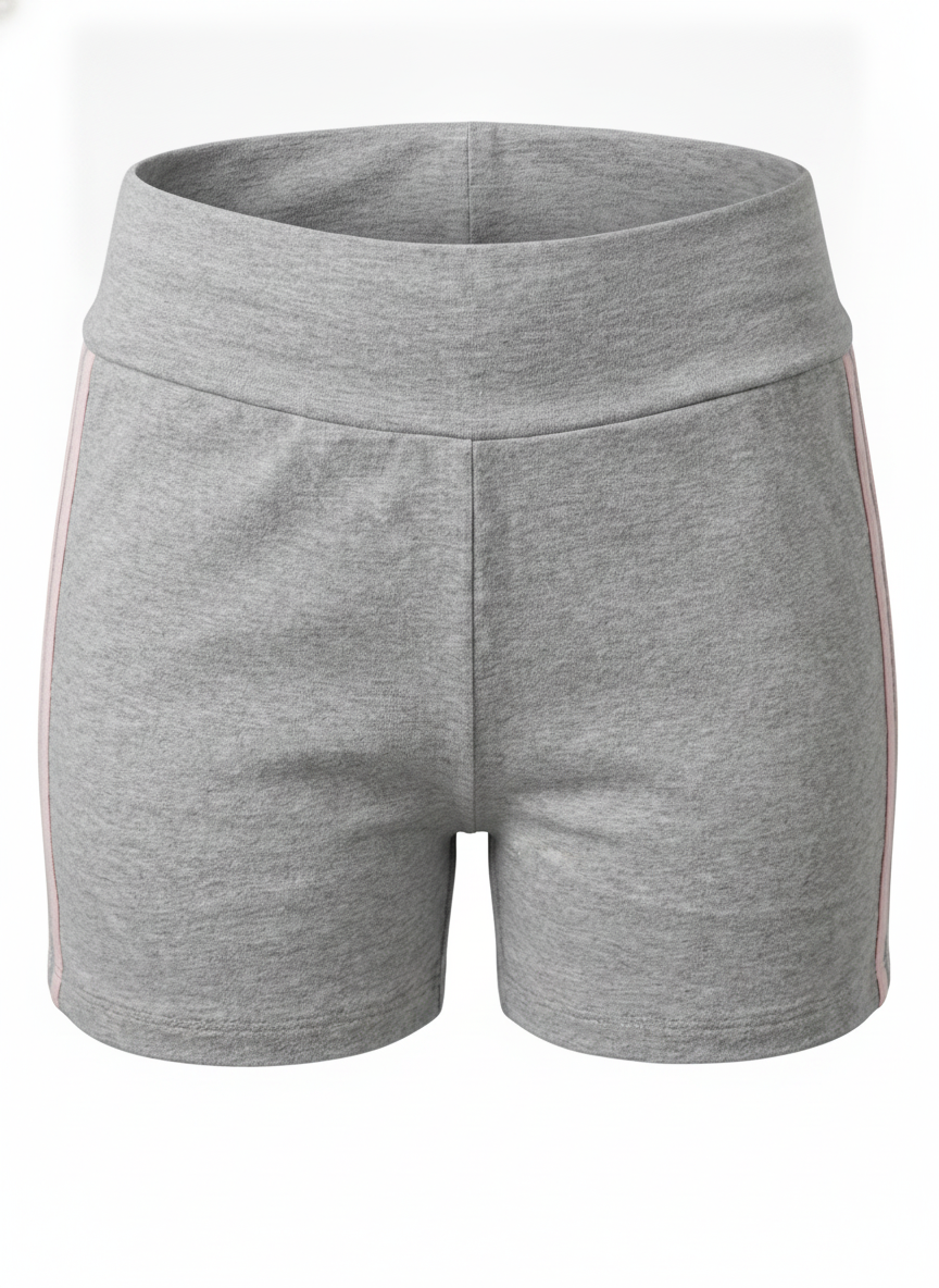 Ghost mannequin image of contrast side stripes elastic waist shorts featuring a pull-on fit in heather grey on a white background.