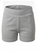 Ghost mannequin image of contrast side stripes elastic waist shorts featuring a pull-on fit in heather grey on a white background.