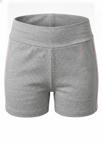 Ghost mannequin image of contrast side stripes elastic waist shorts featuring a pull-on fit in heather grey on a white background.