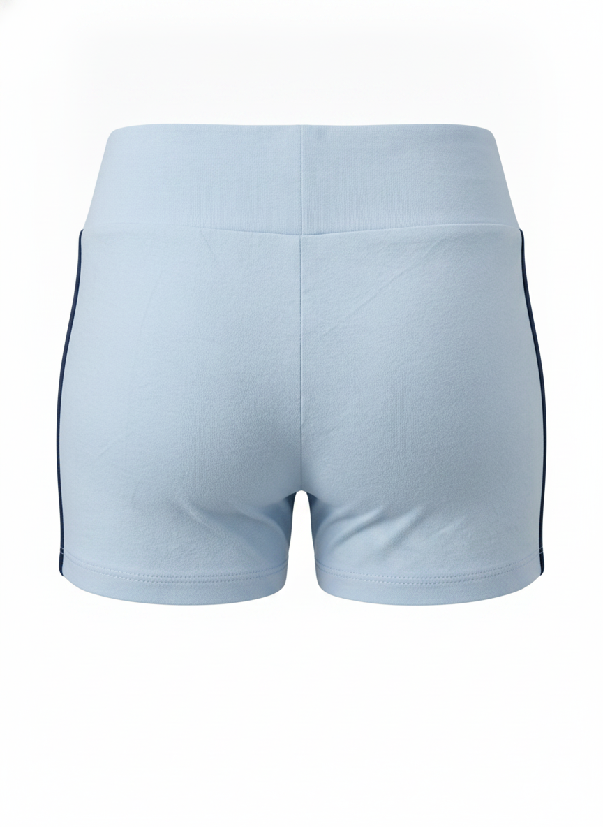 Ghost mannequin image of contrast side stripes elastic waist shorts featuring a pull-on fit in baby blue on a white background.