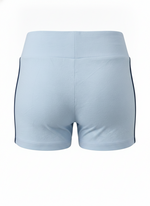 Ghost mannequin image of contrast side stripes elastic waist shorts featuring a pull-on fit in baby blue on a white background.