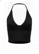Ghost cut image of a black HALTER V NECK SOLID COLOR SLEEVELESS TOP on a white background.