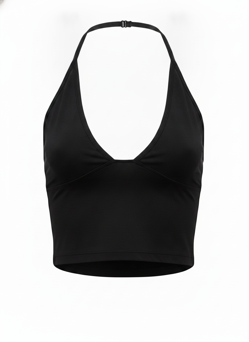 Ghost cut image of a black HALTER V NECK SOLID COLOR SLEEVELESS TOP on a white background.