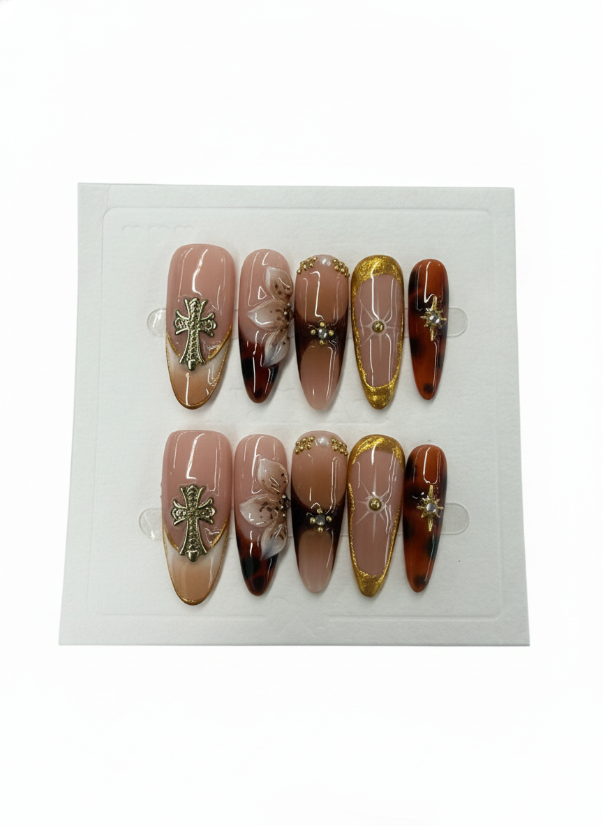 CROSS & JEWEL 3D ELEMENT MULTI DESIGN ALMOND NAILS