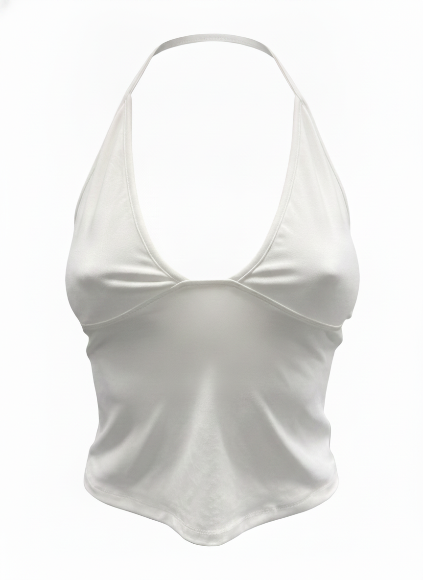 Ghost cut image of a white HALTER V NECK SOLID COLOR SLEEVELESS TOP on a white background.