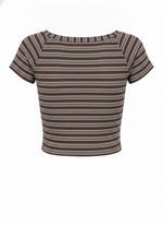 Ghost cut image of a brown BOAT NECK CAP SLEEVE STRIPED BOXY FIT TOP on a white background.