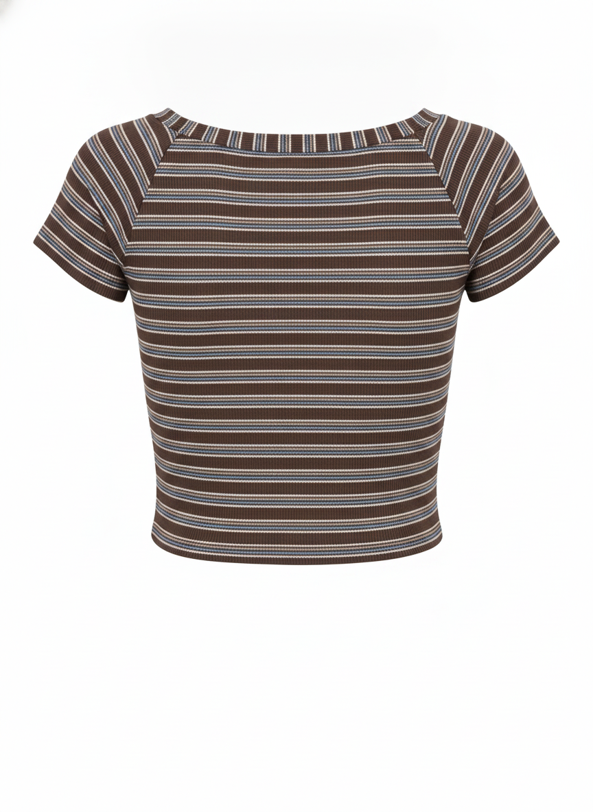 Ghost cut image of a brown BOAT NECK CAP SLEEVE STRIPED BOXY FIT TOP on a white background.