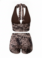 Ghost cut image of a brown LEOPARD HALTER TOP & FOLD OVER SHORT SET on a white background.