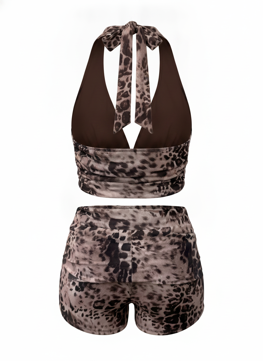 Ghost cut image of a brown LEOPARD HALTER TOP & FOLD OVER SHORT SET on a white background.
