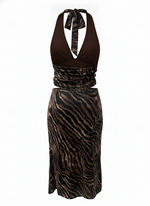 Ghost cut image of a brown ZEBRA PRINT HALTER TOP & MAXI SKIRT SET on a white background.