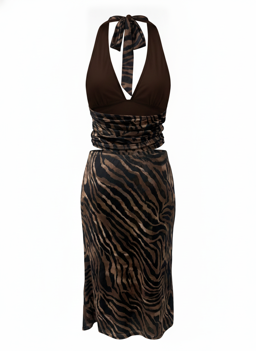Ghost cut image of a brown ZEBRA PRINT HALTER TOP & MAXI SKIRT SET on a white background.