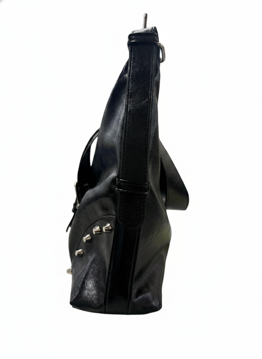STUDDED HARNESS AND ACCENTS HOBO VEGAN LEATHER BAG