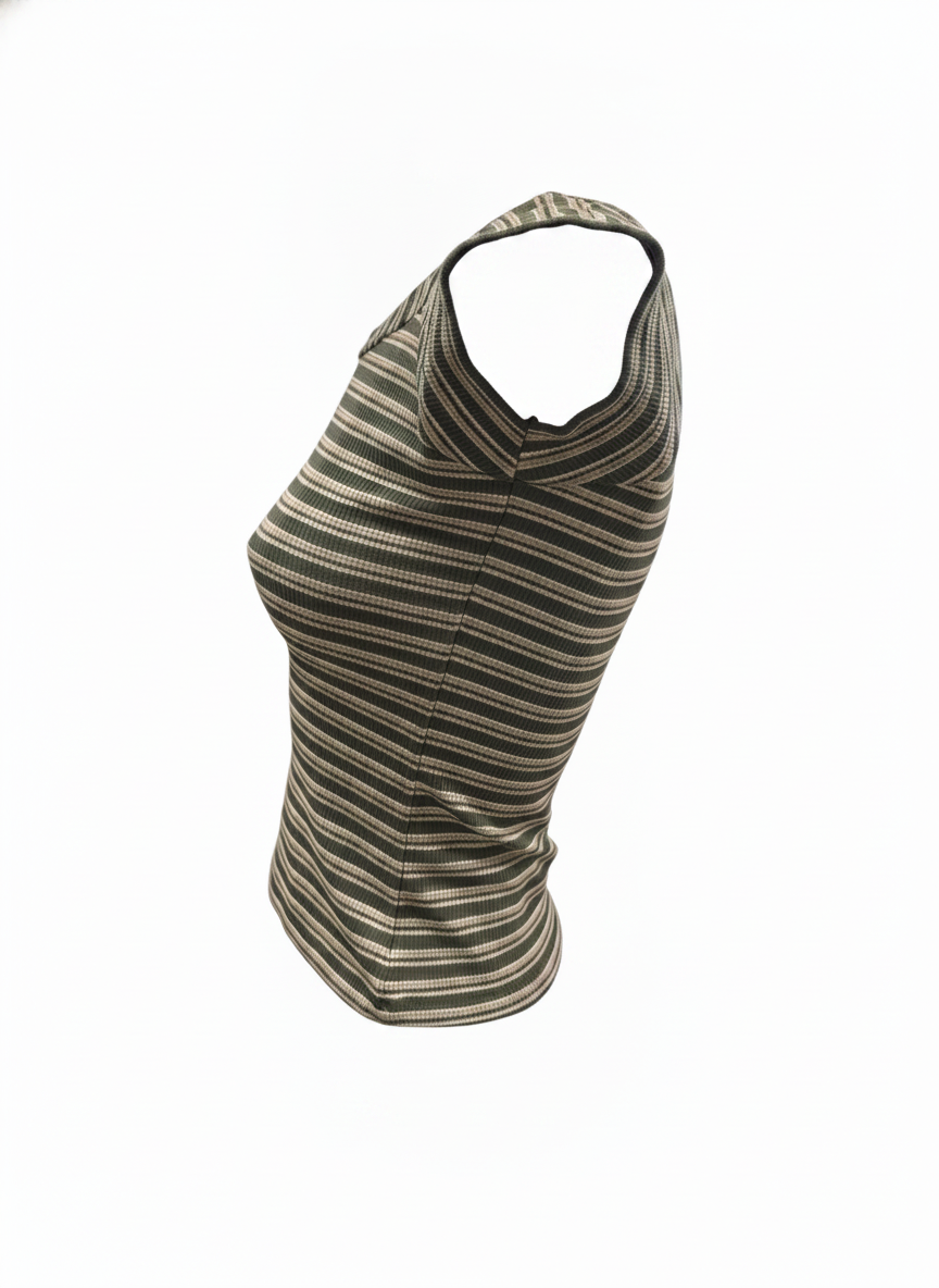 Ghost cut image of an olive BOAT NECK CAP SLEEVE STRIPED BOXY FIT TOP on a white background.