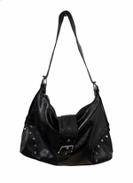 STUDDED HARNESS AND ACCENTS HOBO VEGAN LEATHER BAG