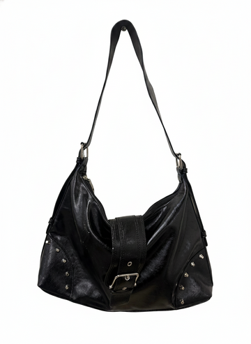 STUDDED HARNESS AND ACCENTS HOBO VEGAN LEATHER BAG