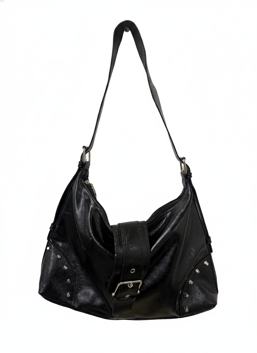 STUDDED HARNESS AND ACCENTS HOBO VEGAN LEATHER BAG