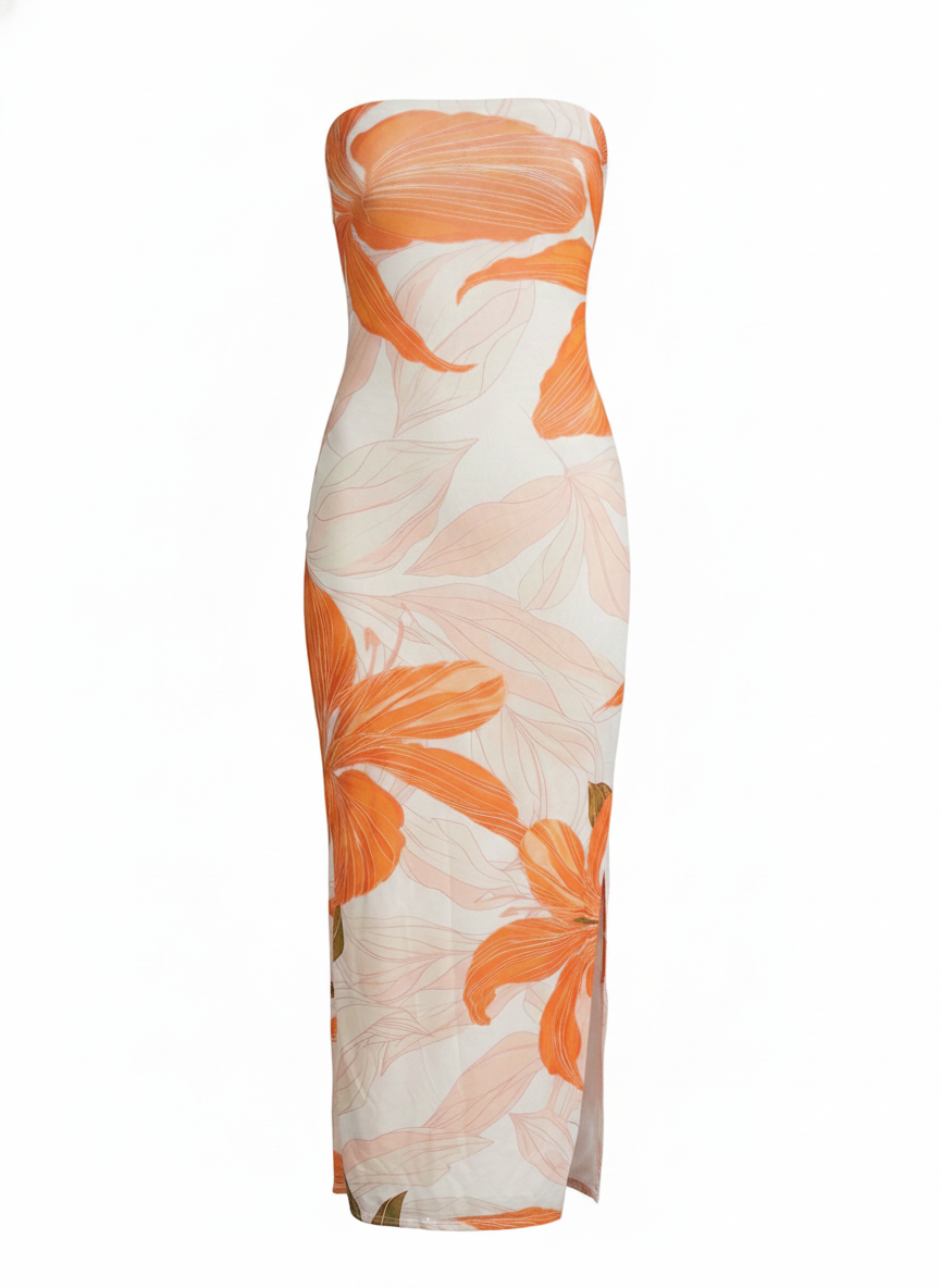 LARGE FLORAL PRINT STRAPLESS SHEATH MAXI DRESS