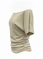 Ghost cut image of a yellow and heather grey STRIPED ONE SHOULDER DOLMAN SLEEVE TOP on a white background.