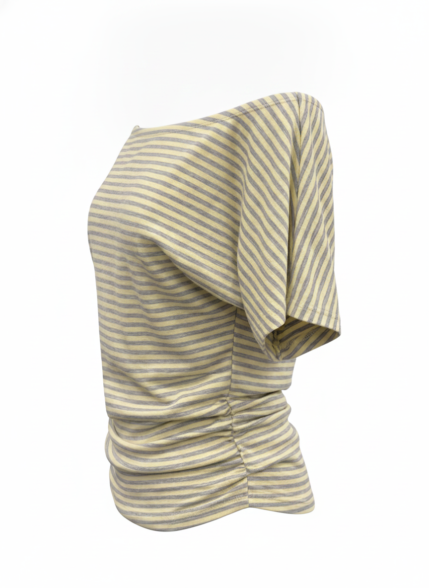 Ghost cut image of a yellow and heather grey STRIPED ONE SHOULDER DOLMAN SLEEVE TOP on a white background.