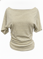Ghost cut image of a yellow and heather grey STRIPED ONE SHOULDER DOLMAN SLEEVE TOP on a white background.