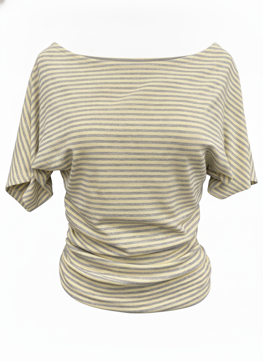 Ghost cut image of a yellow and heather grey STRIPED ONE SHOULDER DOLMAN SLEEVE TOP on a white background.