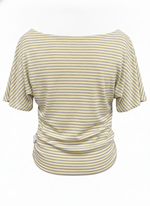 Ghost cut image of a yellow and heather grey STRIPED ONE SHOULDER DOLMAN SLEEVE TOP on a white background.