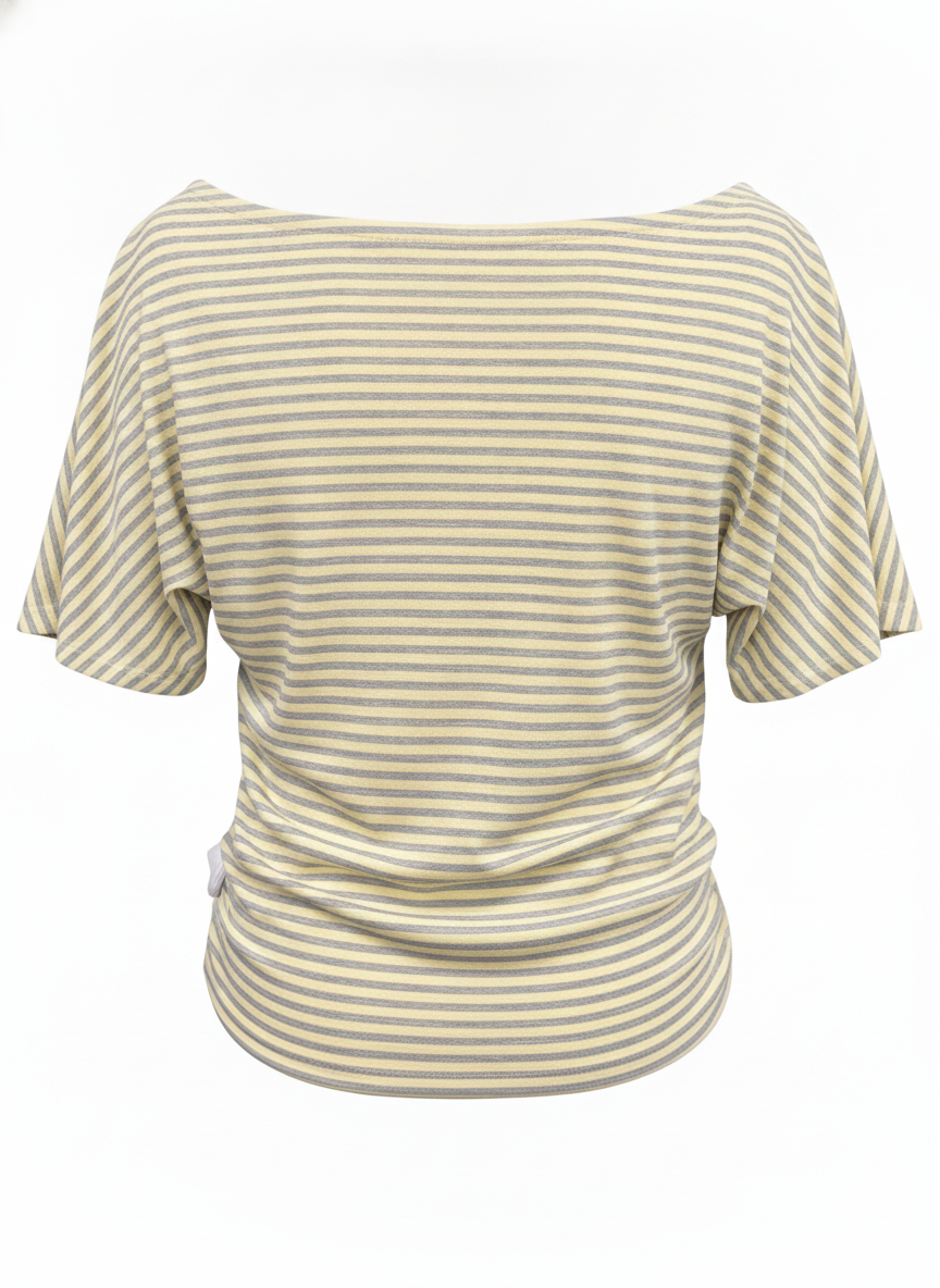 Ghost cut image of a yellow and heather grey STRIPED ONE SHOULDER DOLMAN SLEEVE TOP on a white background.