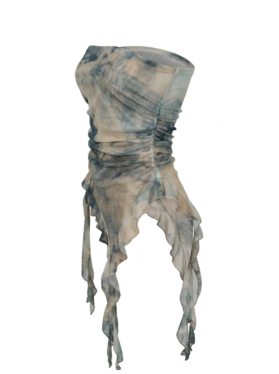 Ghost mannequin product image of a green STRAPLESS RUCHED BODICE TOP WITH ASYMMETRIC RUFFLE HEM on a white background.