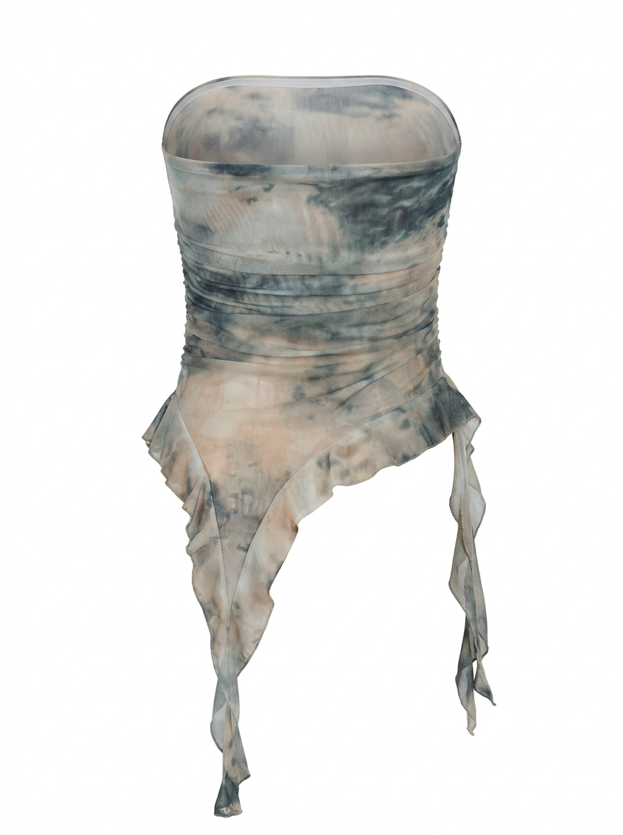 Ghost mannequin product image of a green STRAPLESS RUCHED BODICE TOP WITH ASYMMETRIC RUFFLE HEM on a white background.