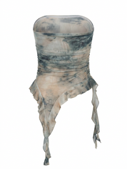 Ghost mannequin product image of a green STRAPLESS RUCHED BODICE TOP WITH ASYMMETRIC RUFFLE HEM on a white background.