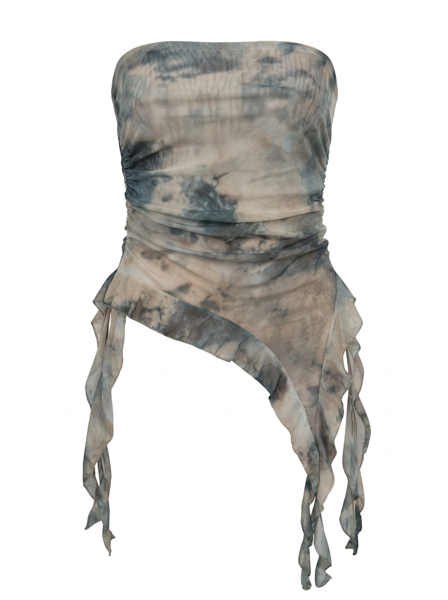 Ghost mannequin product image of a green STRAPLESS RUCHED BODICE TOP WITH ASYMMETRIC RUFFLE HEM on a white background.