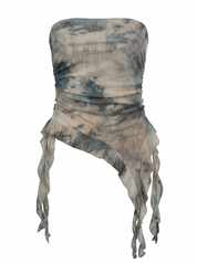 Ghost mannequin product image of a green STRAPLESS RUCHED BODICE TOP WITH ASYMMETRIC RUFFLE HEM on a white background.